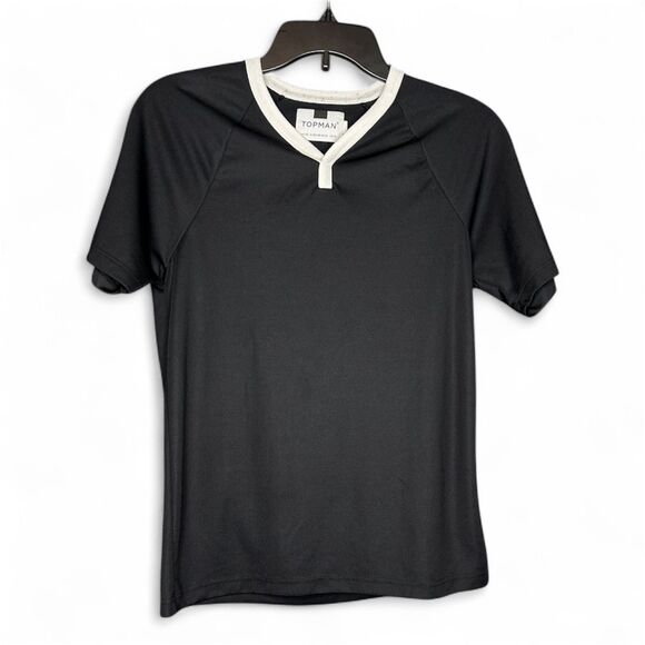 Topman Men's Black Sporty V-Neck with White Collar Classic T-Shirt - Picture 1 of 6